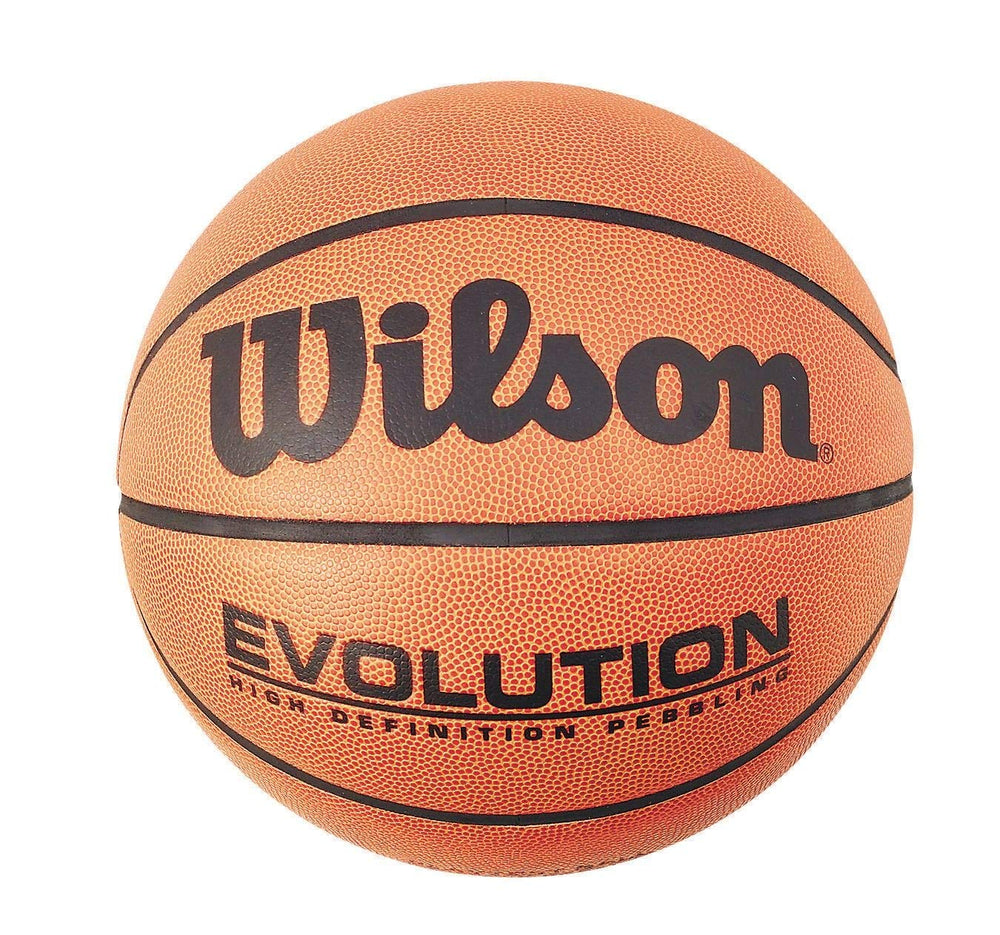 Close-up of a Wilson Evolution basketball, showcasing its distinctive orange color and grip texture for optimal performance.