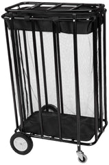A black trolley on wheels, featuring several mesh bags for carrying various items conveniently.