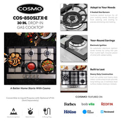 850SLTX-E 30 in. Gas Cooktop with 5 Burners, Counter-Top Cooker with Cast Iron Grate Stove-Top, Melt-Proof Metal Knobs in Stainless Steel