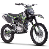 A dirt bike positioned on a white background, highlighting its sleek design and vibrant colors.