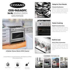 COS-965AGFC 36 in. Nebula Collection 3.8 cu. ft. Gas Range, 5 Burners, Rapid Convection Oven, Cast Iron Grates in Stainless Steel