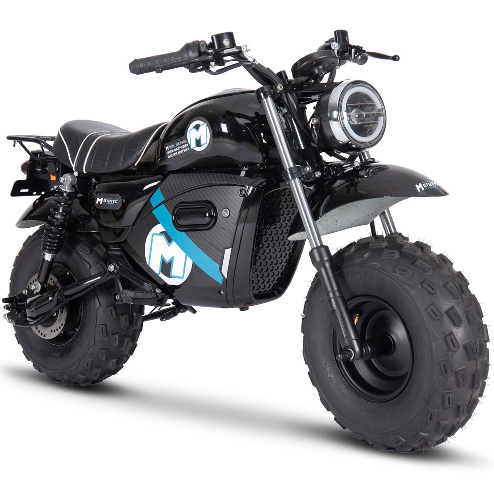 A black and blue dirt bike displayed against a clean white background.