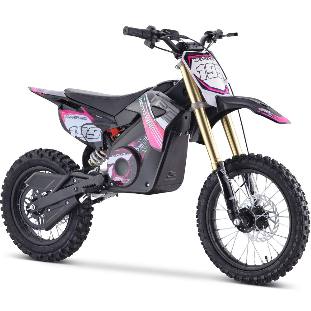 A vibrant pink dirt bike displayed against a plain white background, highlighting its sporty features and design.