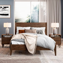 Queen Rustic Walnut Mid-Century Slatted Platform Bed
