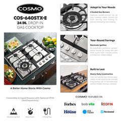 640STX-E 24 in. Gas Cooktop with 4 Sealed Burners, Drop-In Counter-Top Cooker Cooktop with Cast Iron Grate and Melt-Proof Metal Knobs in Stainless Steel