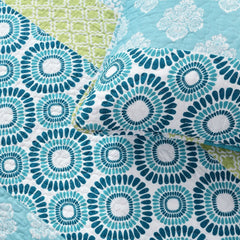 King Cotton Blue Green Floral Damask Quilt Set