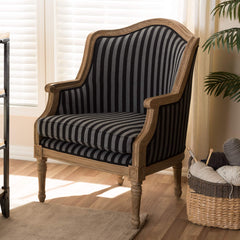 Charlemagne Traditional French, Wood,Black and Grey Striped Accent Chair