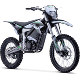 A sleek electric dirt bike positioned on a white background, highlighting its innovative design and off-road capabilities.