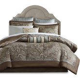 Elegant comforter set adorned with a brown and blue paisley design, perfect for enhancing bedroom aesthetics.