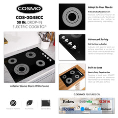 COS-304ECC Electric Ceramic Glass Cooktop with 4 Burners, Dual Zone Element, Hot Surface Indicator Light and Control Knobs, 30 inches, Black