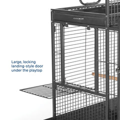 Pet Products Double Roof Steel Bird Cage with Playtop, 36.5 x 27.25 Inch with 7/8 inch Wire Spacing for Medium to Large Birds and Small Parrots in Black Hammertone Finish