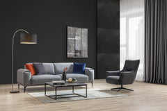 Fatsa Swivel Chair, Dark Gray Linen Fabric, Matte Black Powder-Coated Metal Legs, Grey