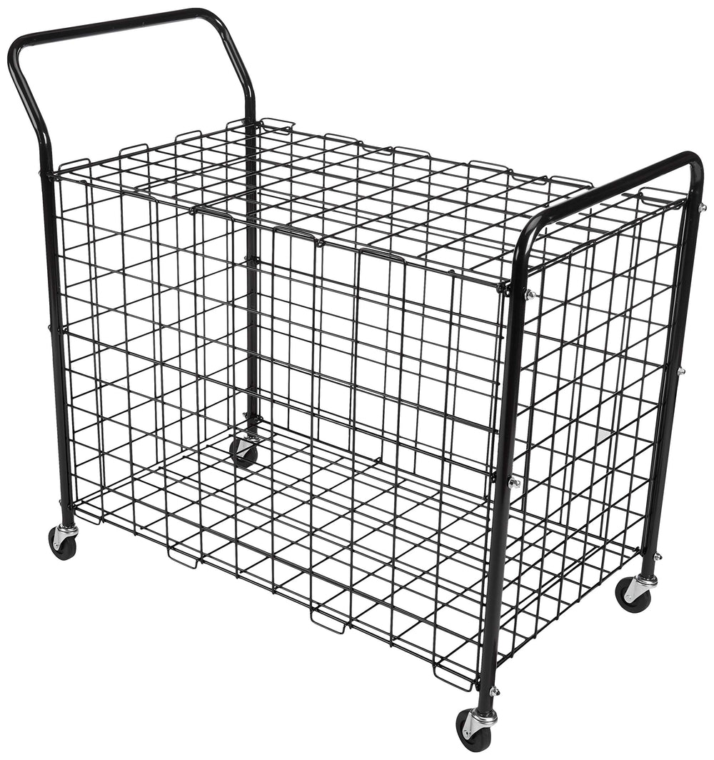 A black wire basket on wheels, positioned against a clean white background.
