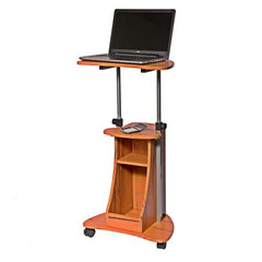 A laptop on a wooden stand with wheels, providing mobility and a stable workspace.