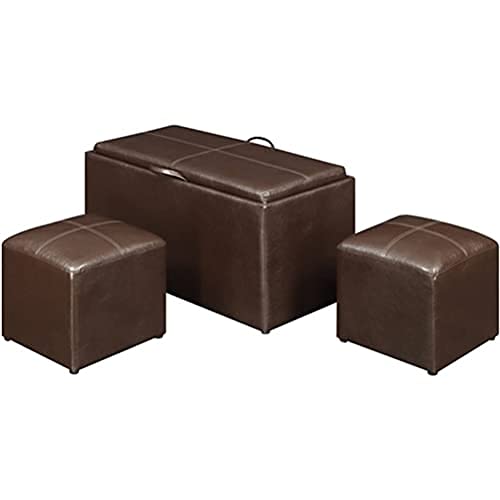  A trio of brown leather ottomans featuring hidden storage, placed stylishly in a modern interior.