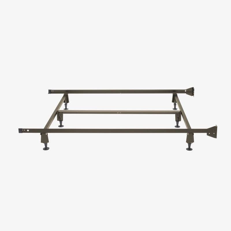  A metal bed frame with four legs, designed for durability and strength.