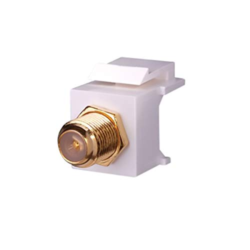 A white and gold connector featuring a gold-plated plug, designed for high-quality audio or video connections.