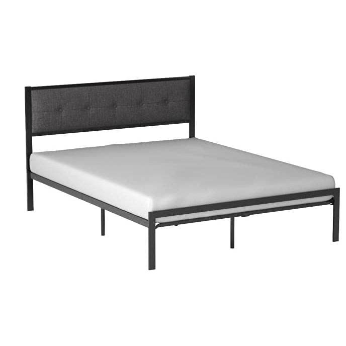  A sleek black metal bed frame with a white mattress, emphasizing a contemporary aesthetic in bedroom decor