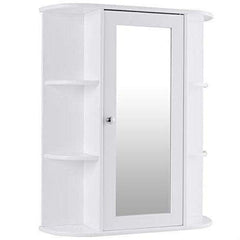 A white medicine cabinet with a mirror and shelves, ideal for storing toiletries and enhancing bathroom decor.