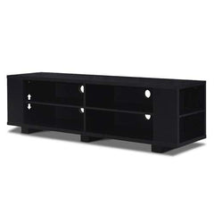 A modern black TV stand equipped with four shelves for versatile storage.