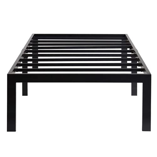  A sleek black metal bed frame with sturdy slats, designed for durability and contemporary style.