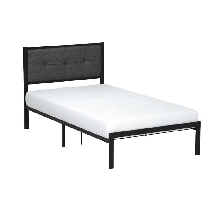 A bed featuring a sleek black frame and a crisp white mattress, positioned against a neutral background.
