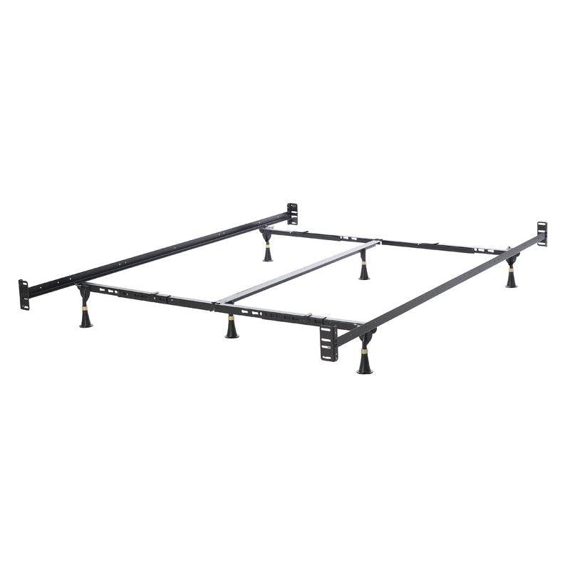 A metal bed frame with four legs, designed for durability and strength.