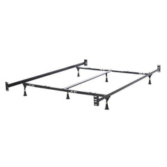 A metal bed frame with four legs, designed for durability and strength.
