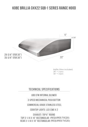 CHX2230SQB-1 Brillia 30-inch Under Cabinet Range Hood, 3-Speed, 680 CFM, LED Lights, Baffle Filters, Stainless Steel