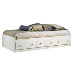 A white bed featuring built-in drawers and a comfortable mattress, designed for both style and storage efficiency.