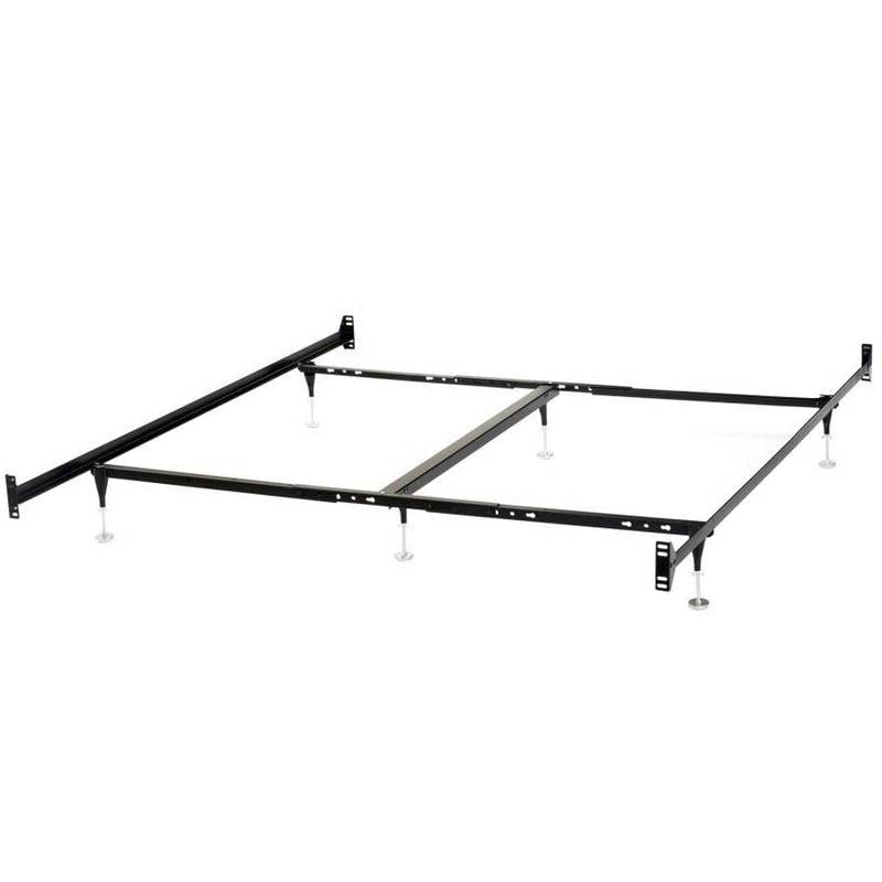 A metal bed frame with four legs and a stylish headboard, designed for durability and support.