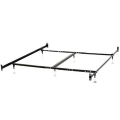 A metal bed frame with four legs and a stylish headboard, designed for durability and support.