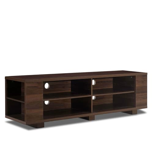 A sleek modern TV stand featuring multiple shelves for storage and display.