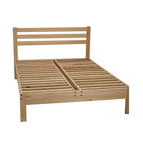 A bed frame constructed with wooden slats and a wooden headboard, emphasizing a minimalist and rustic aesthetic.