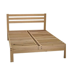 A bed frame constructed with wooden slats and a wooden headboard, emphasizing a minimalist and rustic aesthetic.