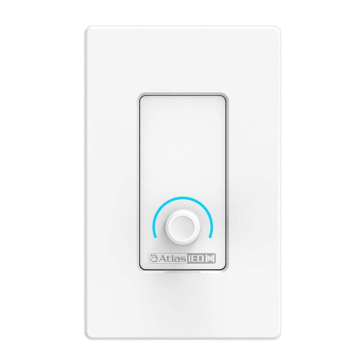 A white light switch illuminated by a blue light, indicating it is in the on position.