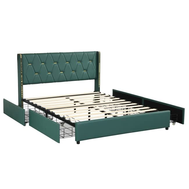 Full Green/Gold Linen Headboard 4-Drawer Storage Bed