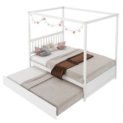 Fast Furnishings White Full Canopy Bed w/ Twin Trundle