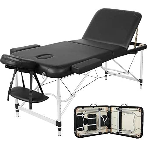 A portable massage table featuring a black seat and a sturdy black frame, designed for easy transport and use.