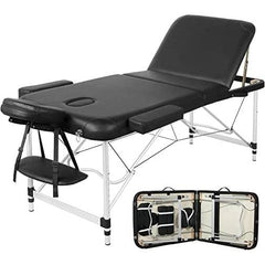 A portable massage table featuring a black seat and a sturdy black frame, designed for easy transport and use.