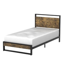 A stylish bed with a wooden headboard complemented by a sturdy metal frame, ideal for contemporary interiors.
