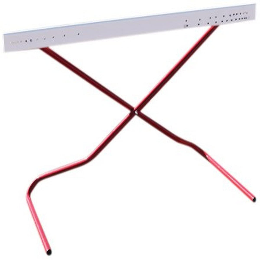 A sleek white computer is positioned on a sturdy red metal stand, creating a striking contrast in the workspace.