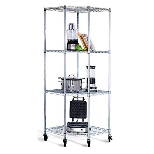 Chrome wire shelving unit displaying a blender and various kitchen items, organized for easy access and visibility.