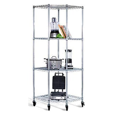 Chrome wire shelving unit displaying a blender and various kitchen items, organized for easy access and visibility.