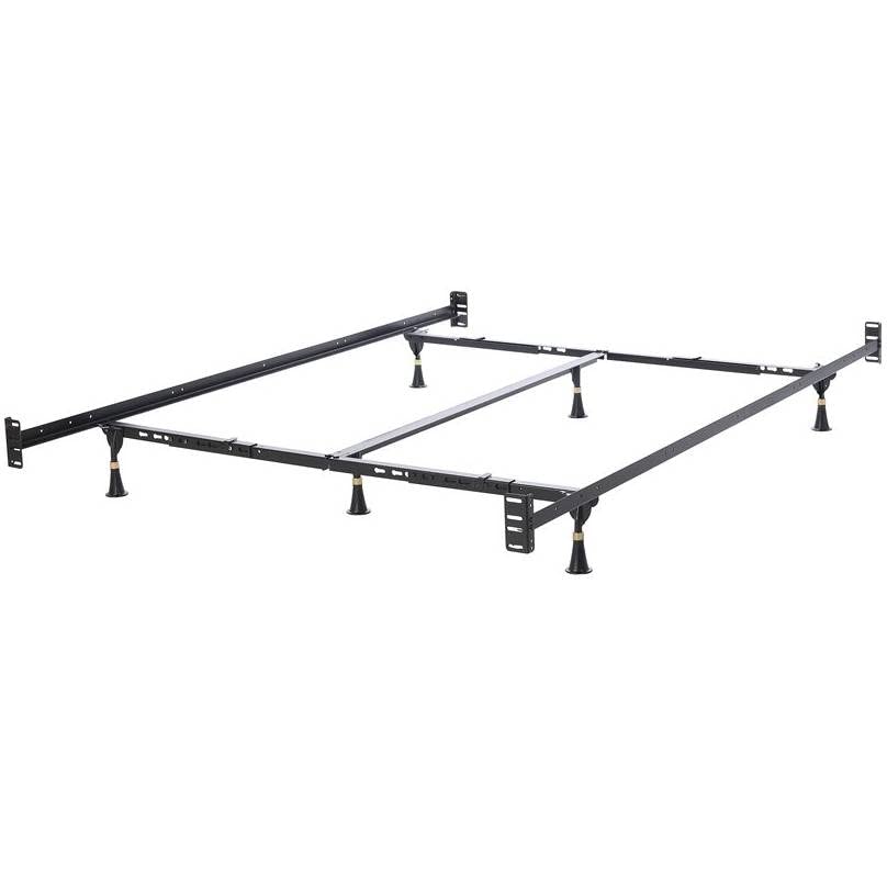 A metal bed frame with four legs, designed for durability and strength.