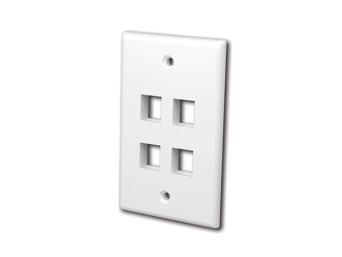 A plain white wall plate with four circular holes, typically used for electrical outlets or fixtures.