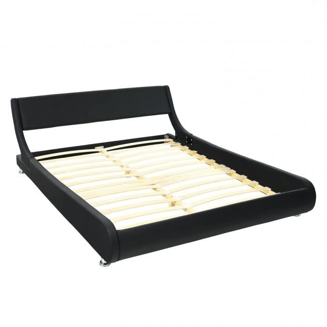 A stylish black bed frame constructed with wooden slats, ideal for enhancing a modern bedroom environment.