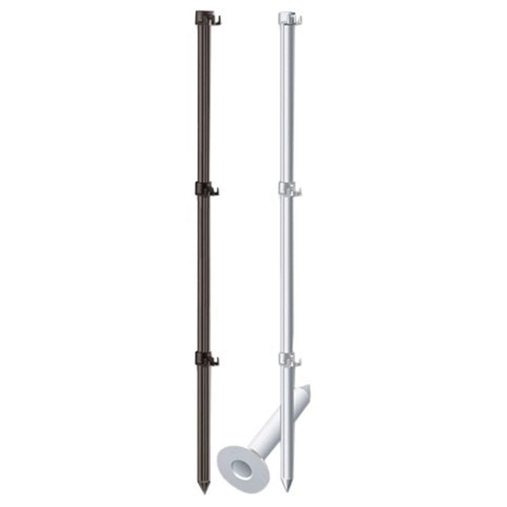 Two metal poles, one with a white handle and the other with a black handle, positioned upright against a neutral background.