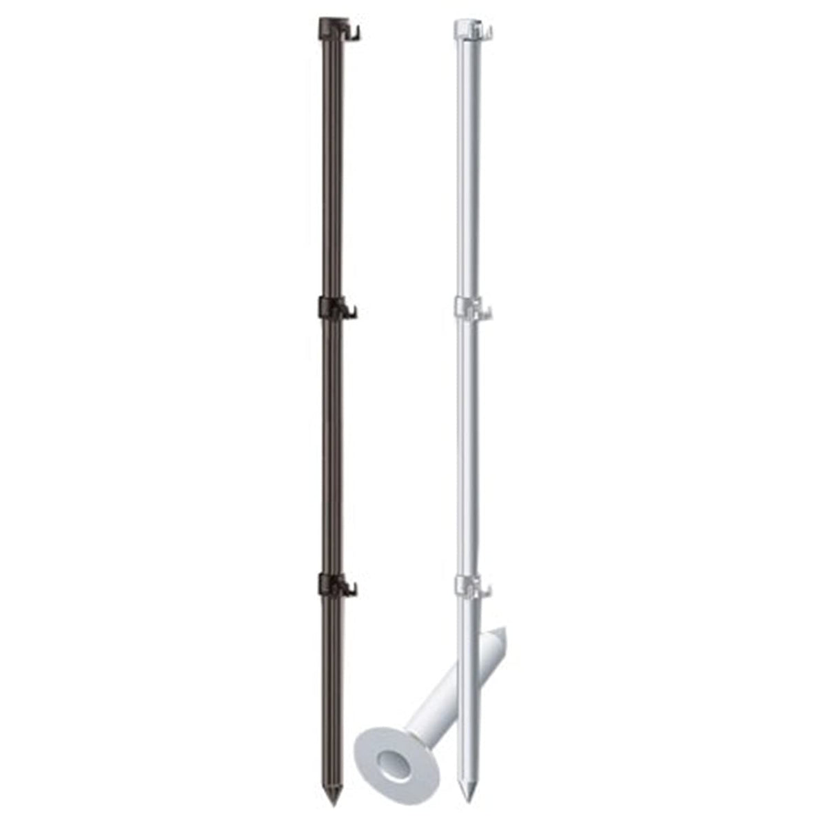 Two metal poles, one with a white handle and the other with a black handle, positioned upright against a neutral background.
