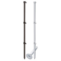 Two metal poles, one with a white handle and the other with a black handle, positioned upright against a neutral background.